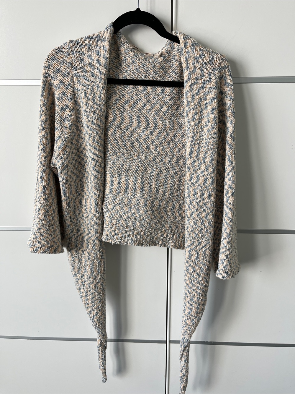 Soft Surroundings Cream & Light Blue Open-Front Draped Cardigan